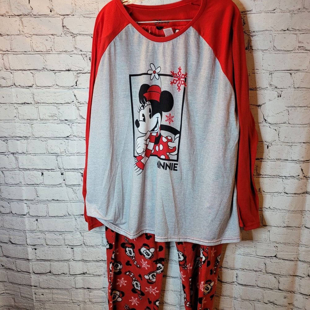 Disney‎ Minnie Mouse Pajama Set Womens 2X Red Gray Excellent Holiday Fleece 2pc - Picture 1 of 8